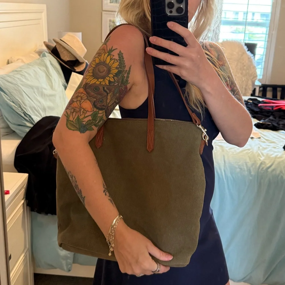 Olive Green Canvas Laptop Tote Bag Brown Shoulder Strap